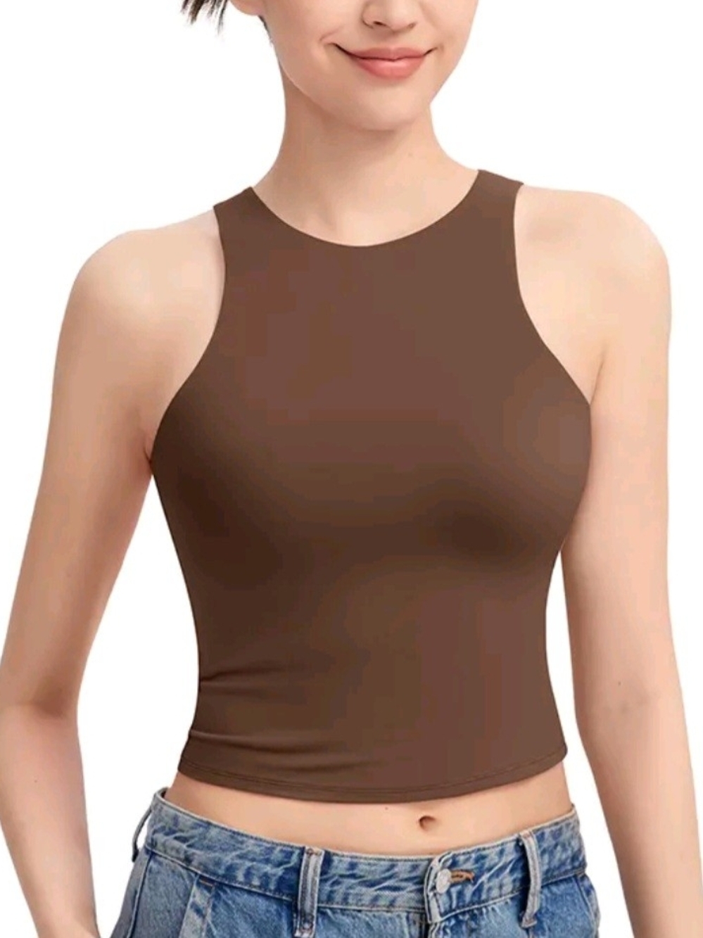 Women’s Brown High Neck Cropped Tank Top